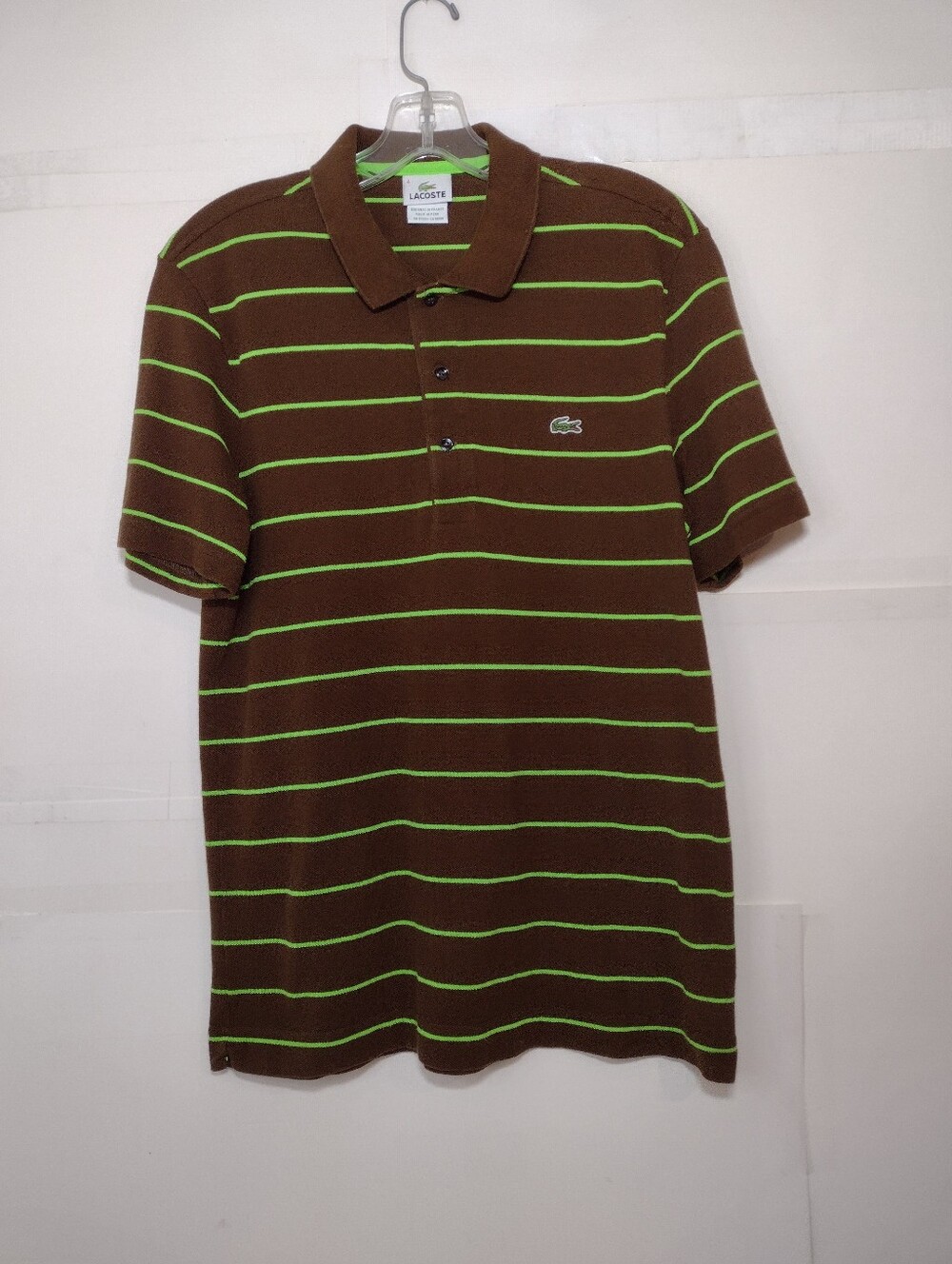 Lacoste Brown Polo with Lime Green Stripes Size (4)